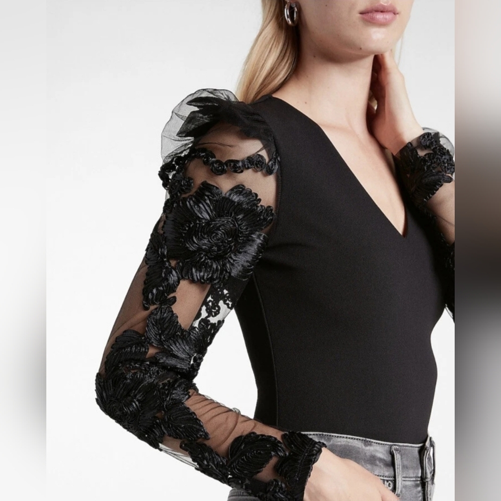 Express Floral Lace Puff Sleeve Thong Bodysuit Black Size Medium